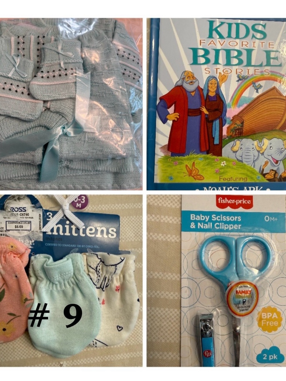 Baby bundle, blanket, sweater, pants, hat, and mittens many other items